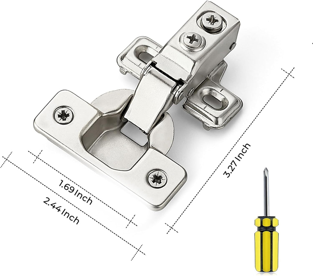 20 Pack 10 Pairs 1/2 Inch Overlay Brushed Nickel Short Arm Kitchen Cabinet Hinges,Soft Close 105 Degree Concealed
