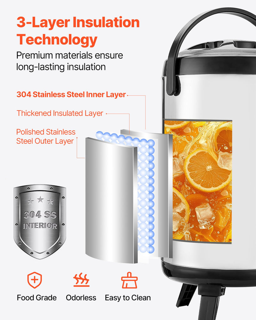 Insulated Beverage Dispenser, 2 Gal/7.6L Stainless Steel Thermal Drink Server with Spigot & Temp Display, Suitable