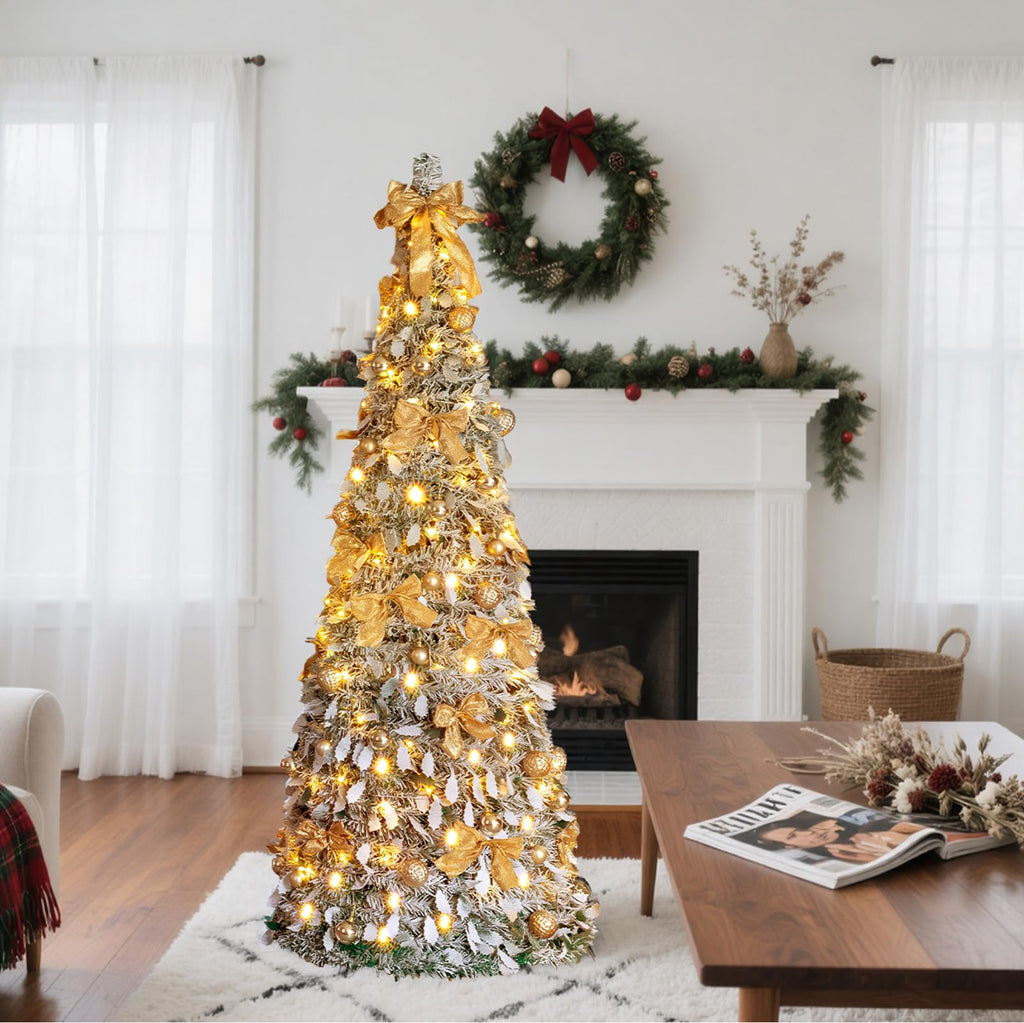 6ft Pre Lit Pop Up w/ 100 Lights, Fully Decorated Flocked Pencil, Collapsible Xmas Tree for Holiday Party