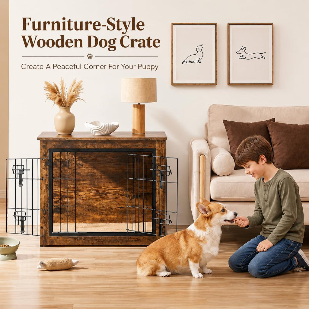27.5in Wooden Dog Crate Furniture w/Cushion for Small Medium Dogs