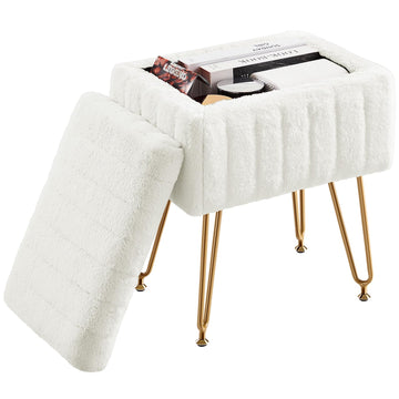 Vanity Stool Chair Ottoman with Storage, Makeup Cute Soft Small Footstool Modern Style Faux Fur Seat with 4 Metal