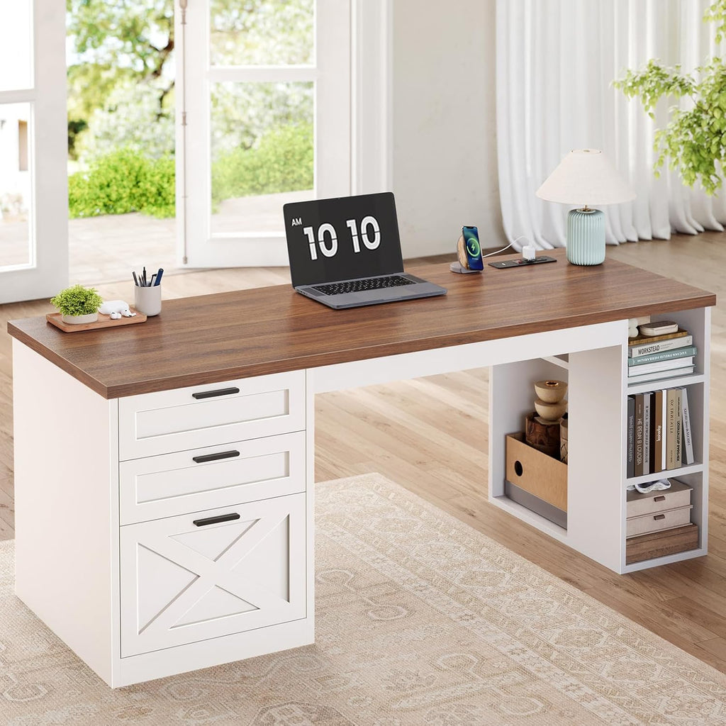 55.1" Farmhouse Office Desk with 3 Drawers, Executive Desk with File Drawer & Storage Shelves