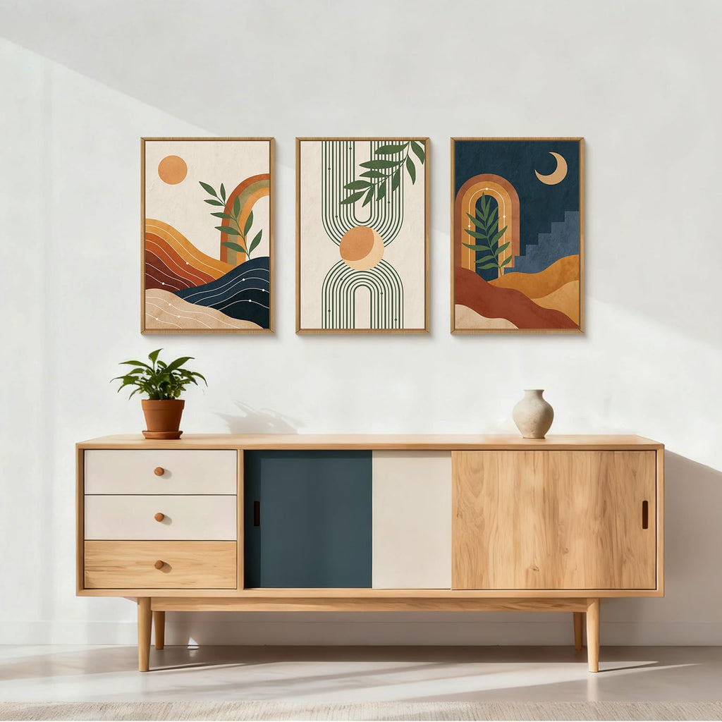 Mid Century Modern Wall Art Set of 3, Vintage Boho Framed Canvas Wall Decor, Minimalist Geometric Sun Moon Line Wall