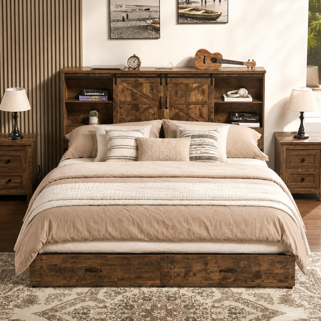 Bed Frame, Wooden Platform Storage Bed with 51.2" Bookcase Headboard, 2 Drawers, Charging Station/No Box