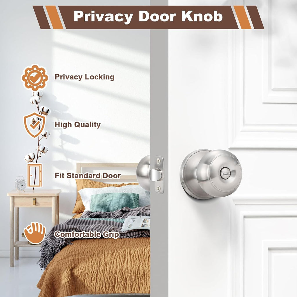 6 Pack Brushed Nickel Door Knobs, Privacy Door Lock Silver Keyless Door Handle with Lock Bedroom, Keyless Door