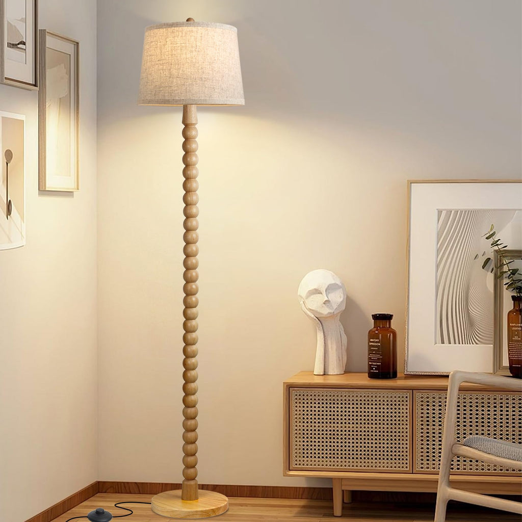 Real Wood Floor Lamp, Wooden Standing Lamp with 3 Color Changing Bulb Included, Tall Lamp with Linen Shade, Farmhouse