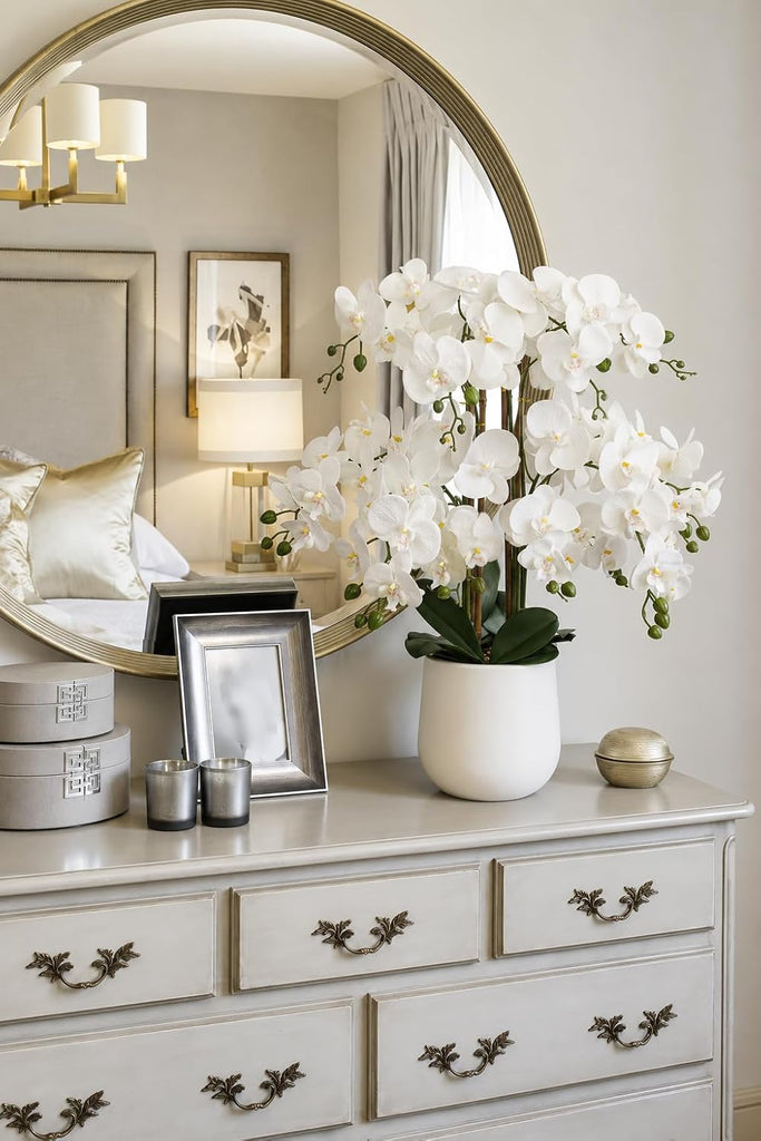 Extra Large White Orchid Artificial Flowers in Cream Resin Pot, 29.5in Lifelike Silk Orchid Arrangement Faux