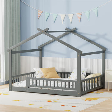 House Bed with Fence, Wooden Montessori Bed with Slats Support, Floor Bed Frame for Boys Girls Bedroom, Gray