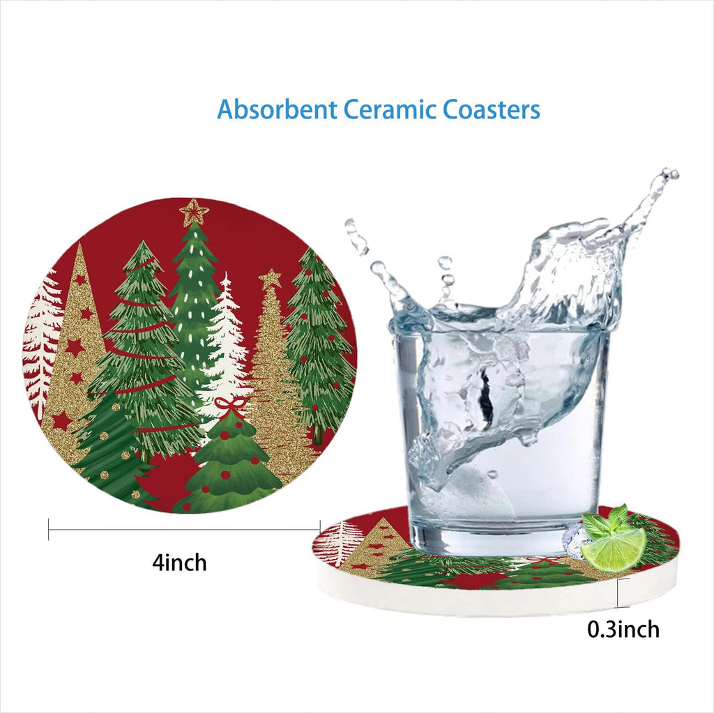 Christmas Tree Drink Coasters Set of 6, Round Absorbent Ceramic Coaster, with Metal Holder and Cork Base, Pine Tree