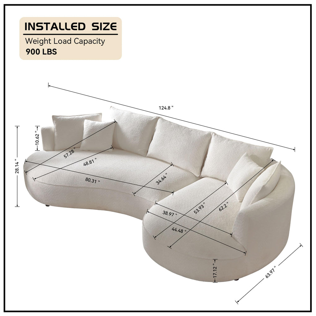 124.8" Modern Curved Sofa Couch, Upholstery Boucle Sofa with Pillows, Right Hand Facing Sectional Boucle Fabric Couch