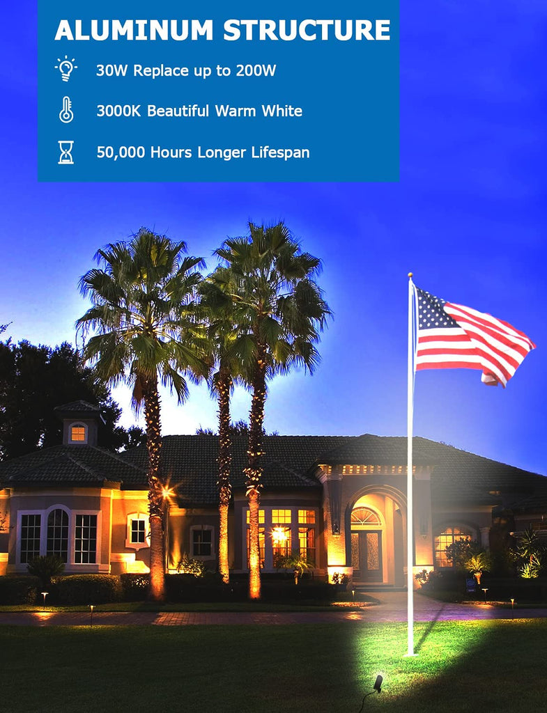 30W Spot Lights Outdoor LED Spotlight 120V Ultra Bright Flag Pole Light with Metal Stake, Warm White Flood
