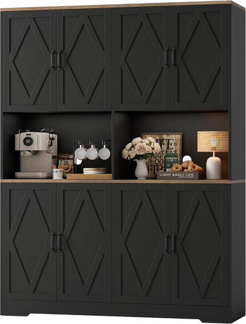 55" W Pantry Cabinet, 71" Tall Kitchen Hutch Storage Cabinet, Black | Farmhouse Hutch Cabinet with 2 Independant