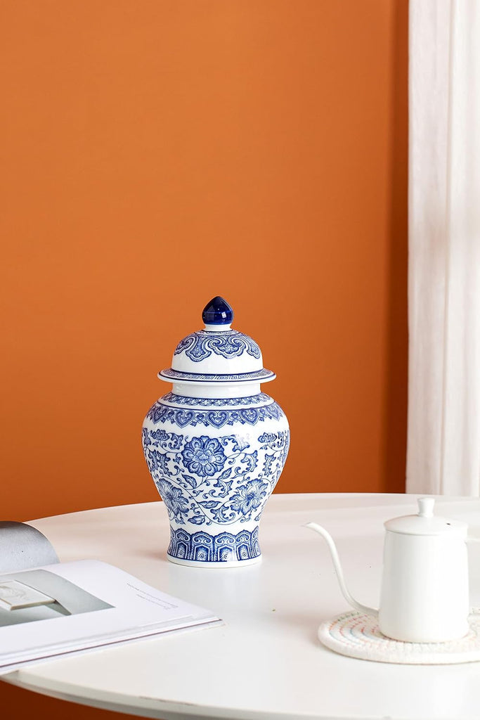 Blue and White Ginger Jar, Ceramic Chinoiserie Decorative Jars, Flower Vase Pocelain, Glossy Vase for Table, Living