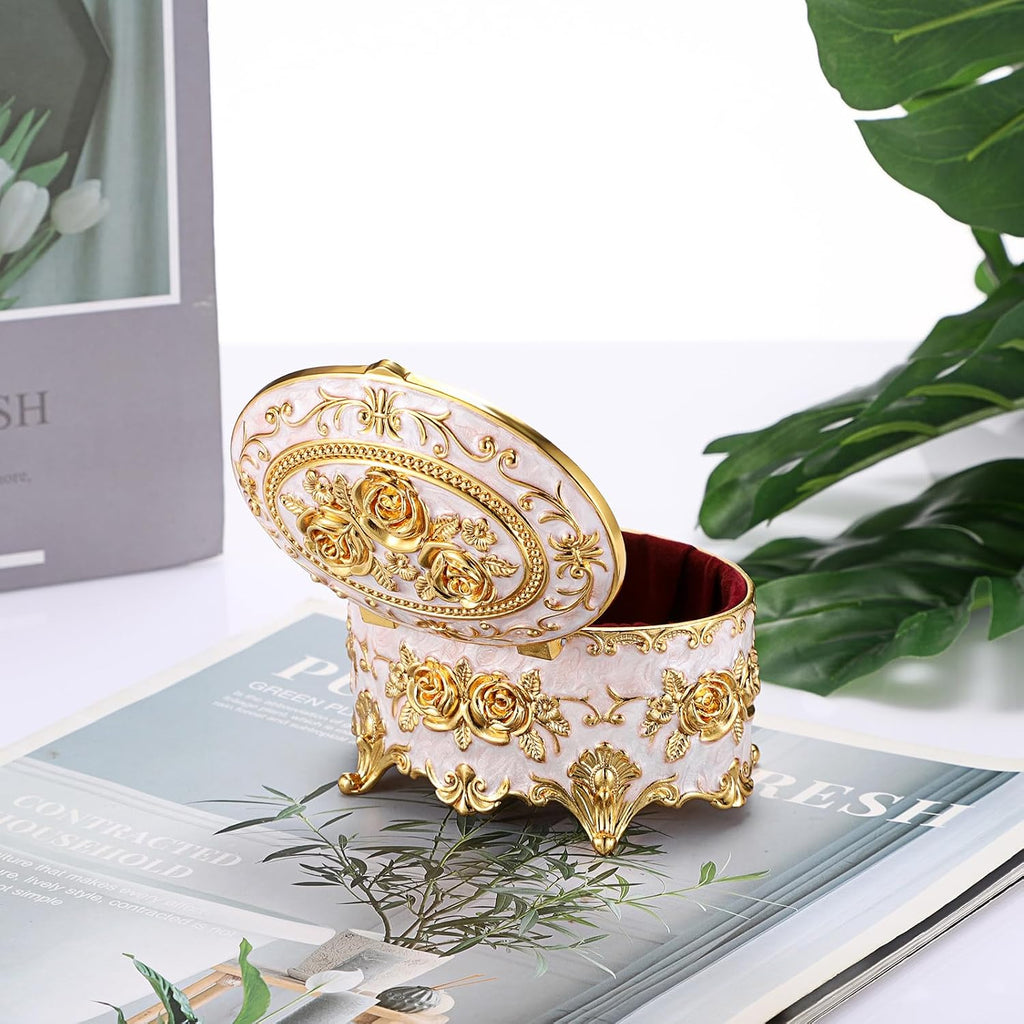 Vintage Metal Jewelry Box - Oval Trinket Organizer Ring Box Case