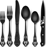 48 Pieces Black Silverware Set with Steak Knives, Gorgeous Retro Royal Silverware Set for 8