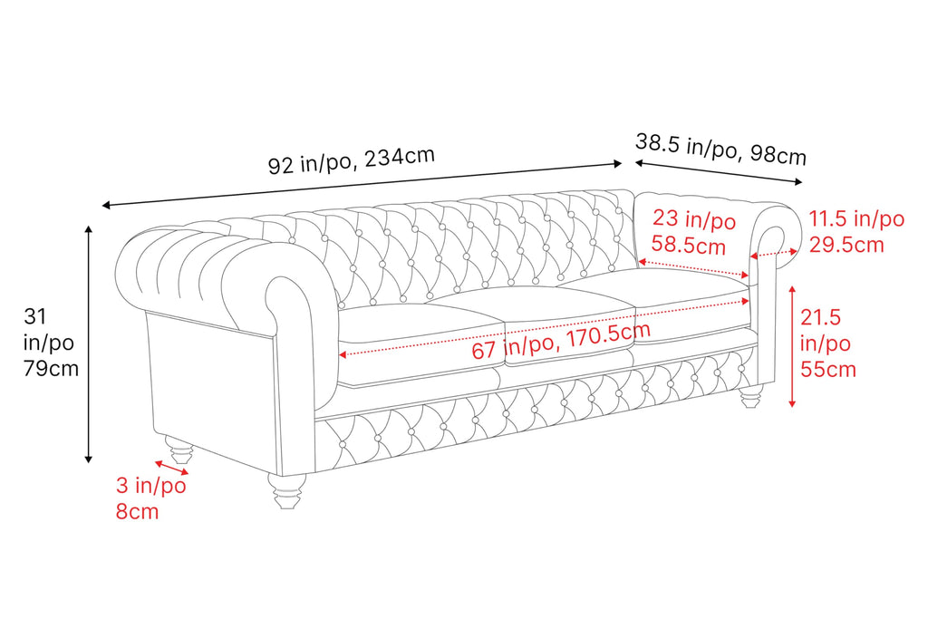 Parma 92" Leather Chesterfield Sofa, Full Leather Upholstery, 3 Seater with Button-Tufted Back, Solid Wood Feet