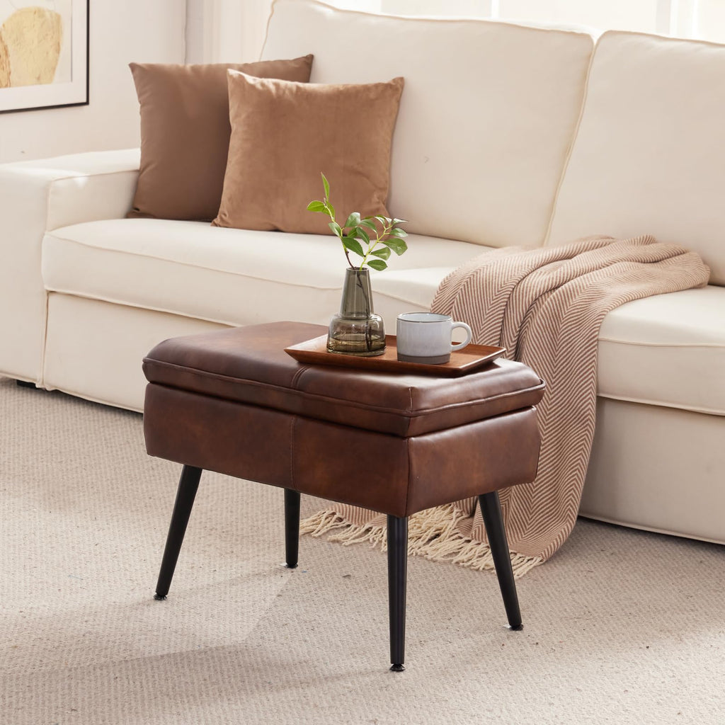 Square Storage Ottoman Upholstered Vanity Accent Stool Retro Brown