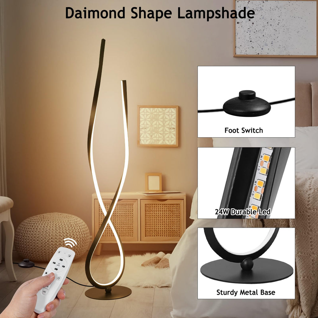 59" Black Spiral LED Floor Lamp, Modern Standing Lamp with Remote