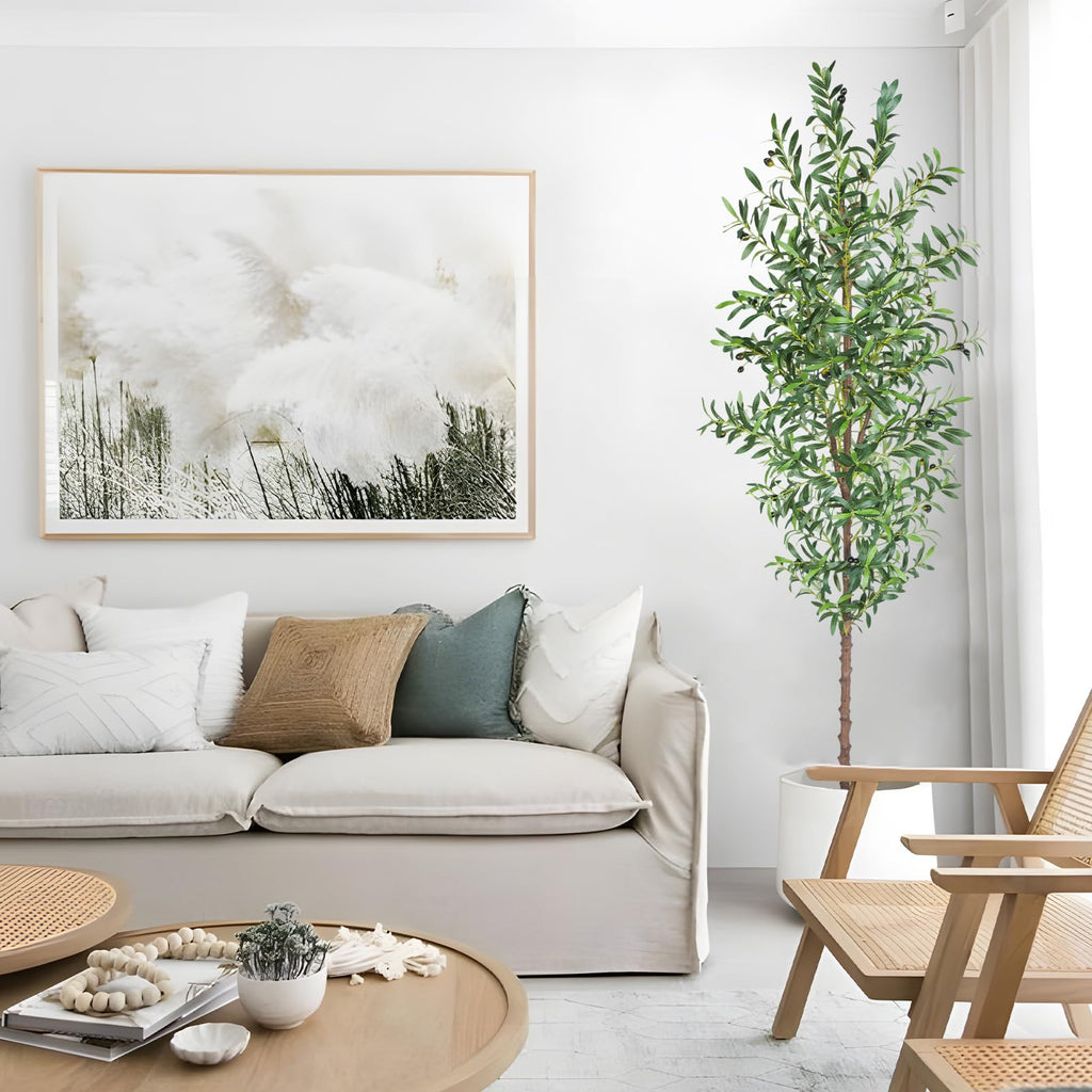 7FT Artificial Olive Tree, Tall Faux Olive Trees 84in Outdoor Fake Potted Silk Plant with Trunk and Realistic 1048