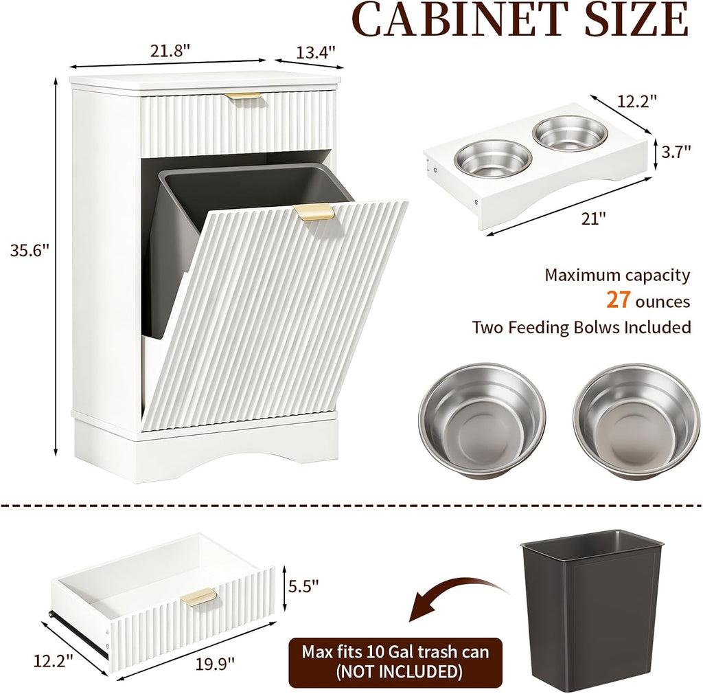 Tilt-Out Trash Cabinet with Dog Feeding Station, Pet Food Storage, White