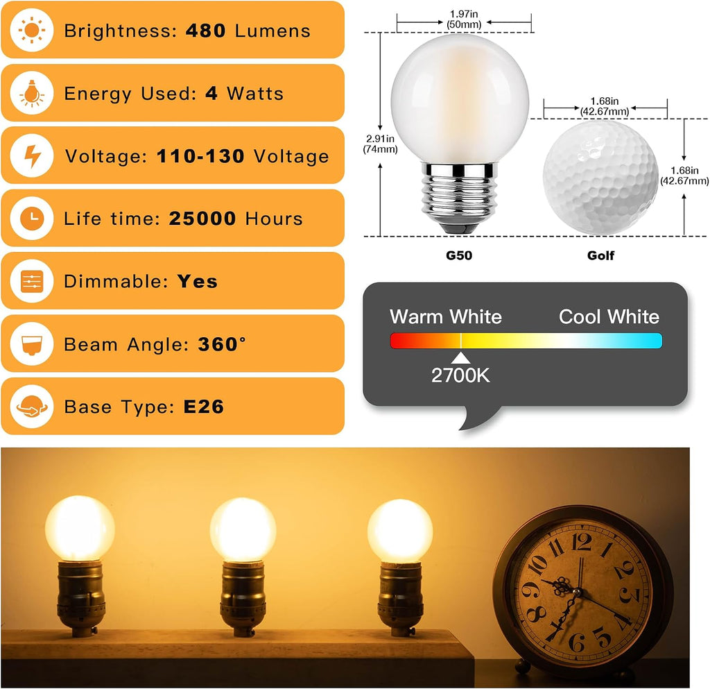6 Pack Dimmable E26 LED Edison Light Bulbs Frosted G16.5 4W Equal 40 Watt