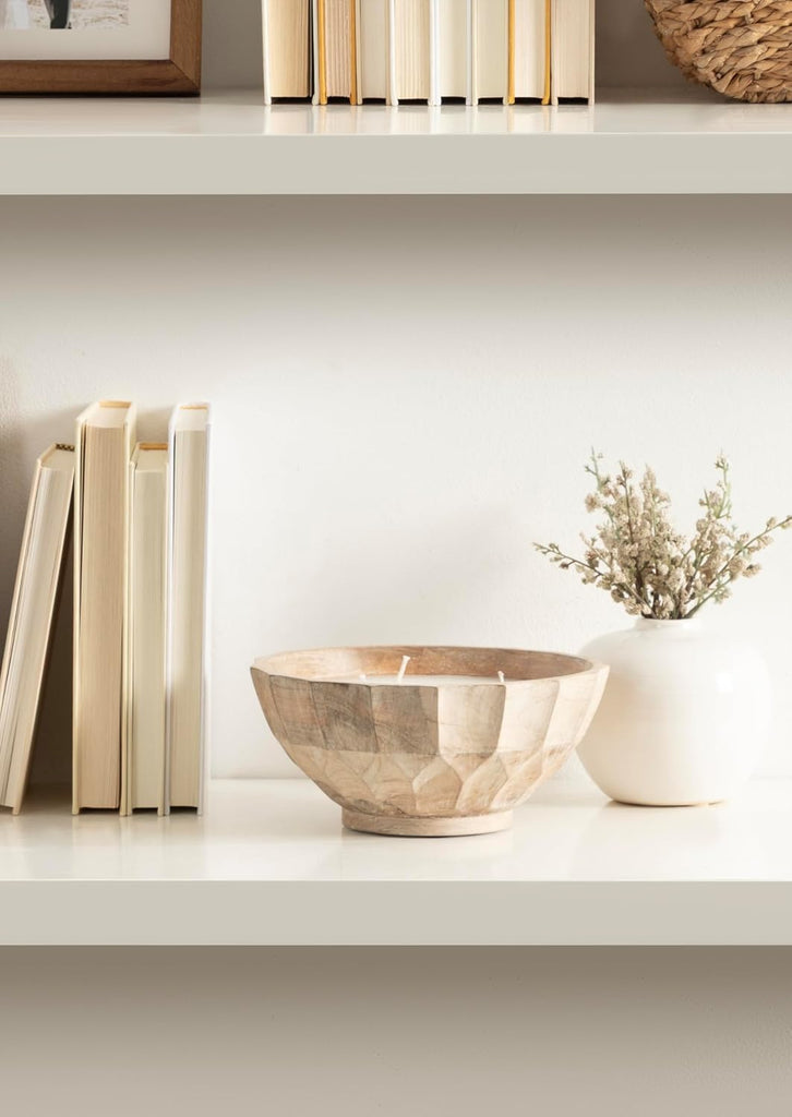 Plete Round Pleated Wood Candle Bowl, 8 Inch Diameter, Light Natural, Modern Scalloped Three-Wick Unscented Candle