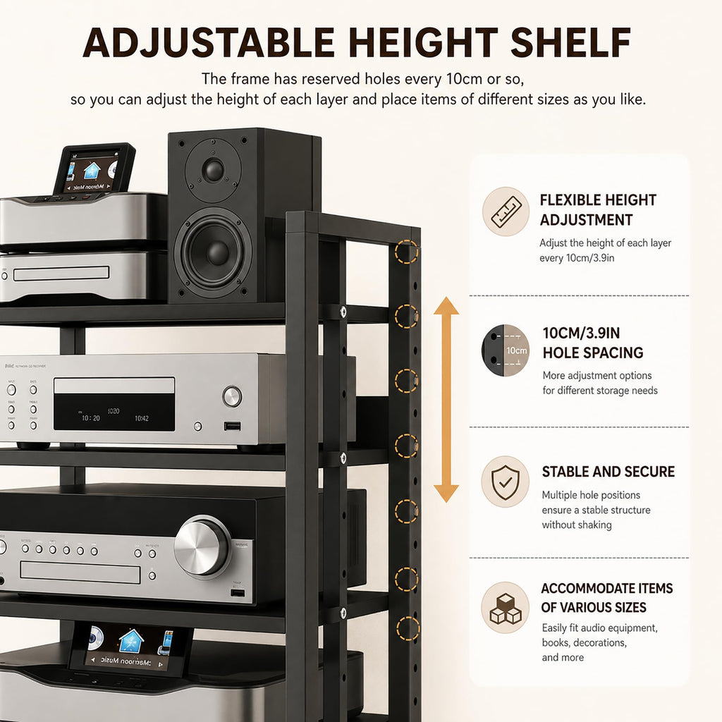 5 Tier Av Media Stand with Wheels, 39in Adjustable Audio Rack