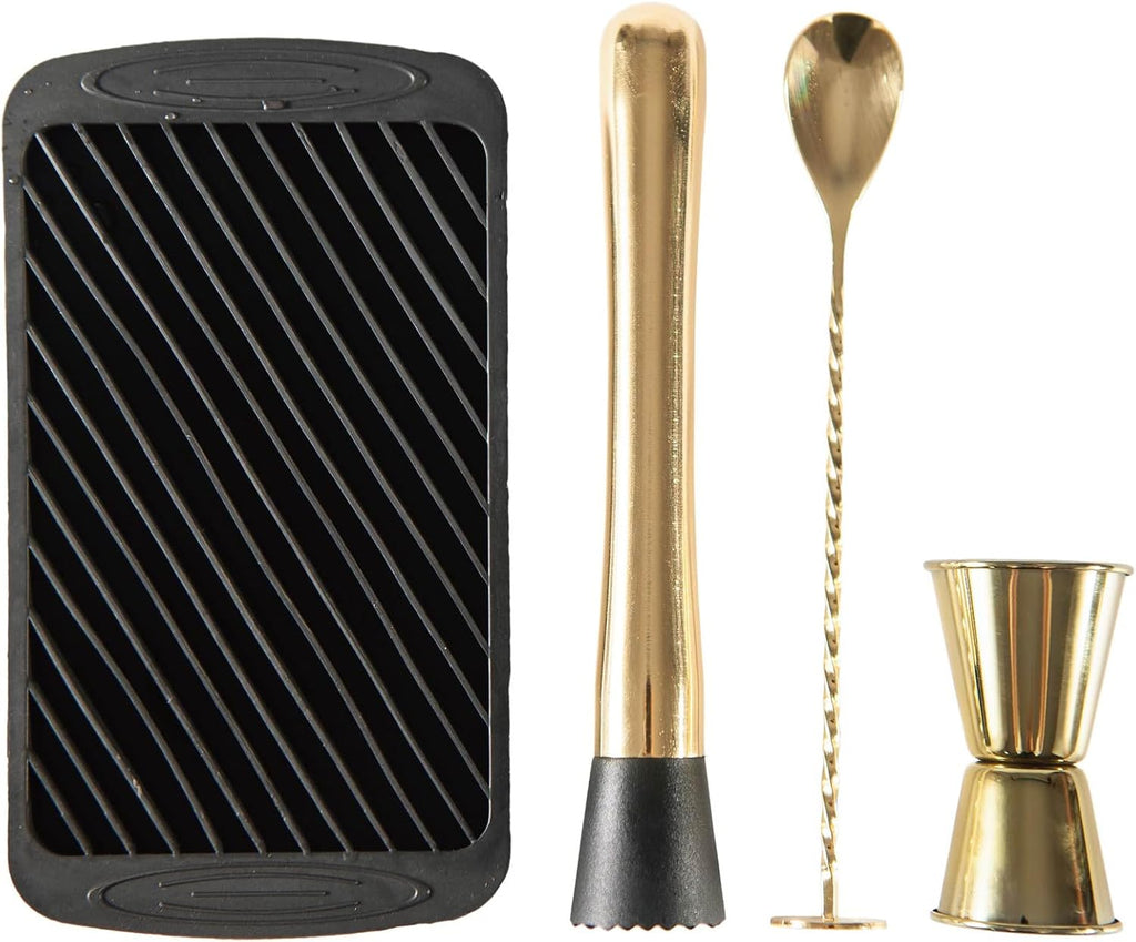 3-Pcs Gold Muddler & Mixing Tools Set, 10" Muddler, 12" Cocktail Spoon & 1 oz/2 oz Double Jigger, Bar Tool Set - Set of 3