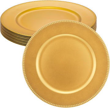 Gold Plastic Charger Plates, 13 Inch Round Beaded Decorative Dinner Chargers for Wedding, Party, Table - Set of 12