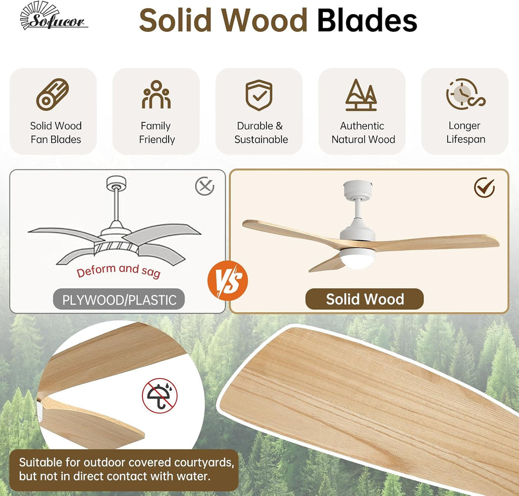 52" Smart Ceiling Fan with Lights and Remote Solid Wood