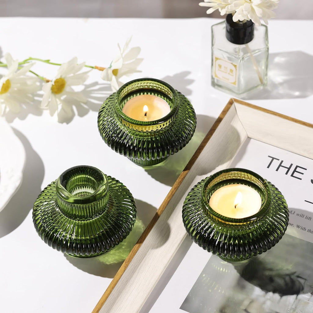 Green Taper Candle Holders Set of 10 for Taper Candles/Tea Lights, Ribbed Glass Candlestick Holders for Boho Wedding