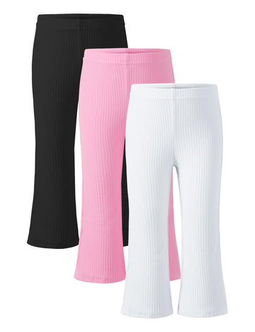 3 Pack Toddler Girl Flare Pants Baby Girls Ribbed Leggings Infant Bell Bottoms Clothes Black+White+Pink