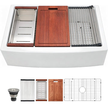 33 Inch White Farmhouse Sink Workstation 33" x 21" Apron Front Farmer Sink with Slide Ledge Ceramic Porcelain Single