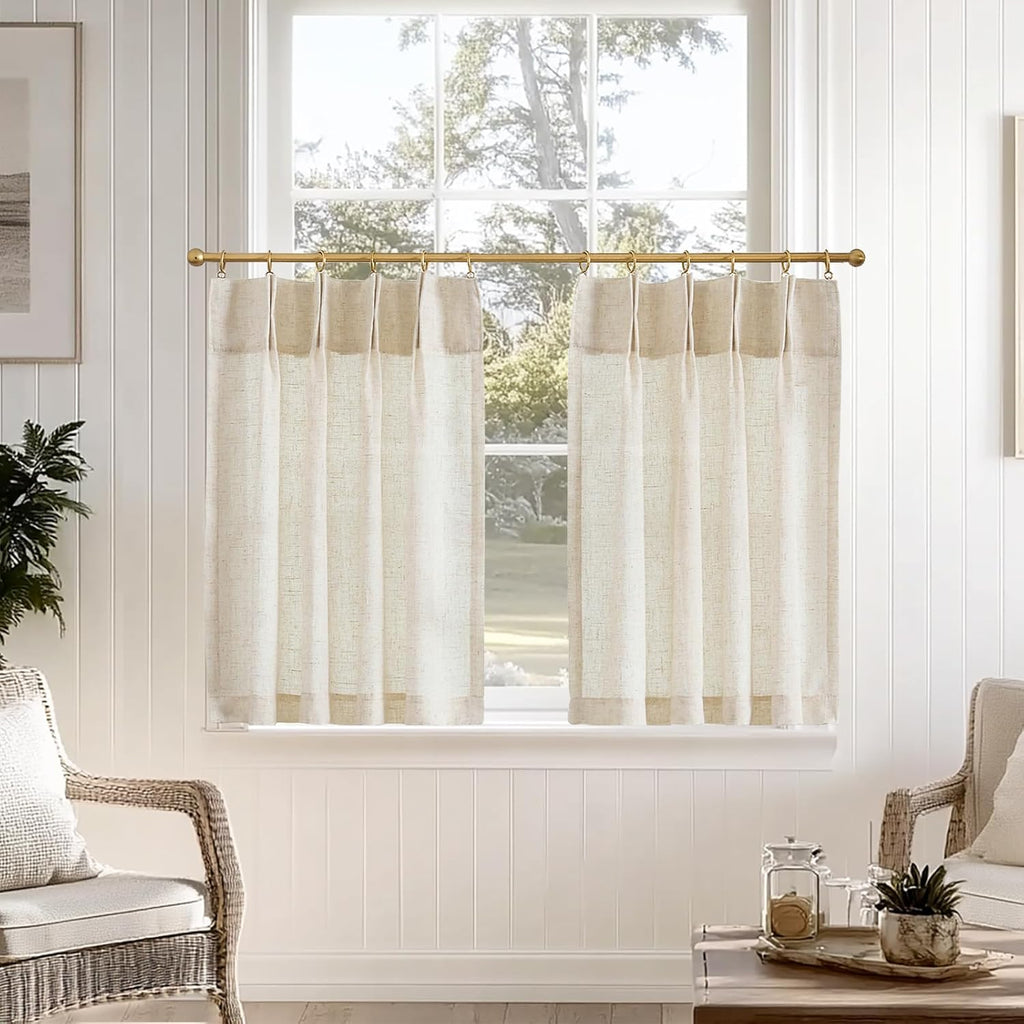 Linen Pinch Pleated Kitchen Curtains 24 Inch 2 Panels Natural Linen Tier Curtains Back Tab Beige Farmhouse Cafe Light