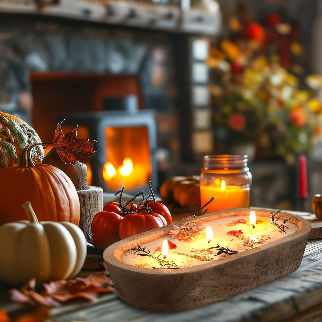 9.45'' Large Botanical Scented Bowl Candle Gift for Women Dried Flowers Wooden Dough Bowl Soybean Wax Candles