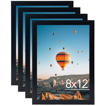 8x12 Picture Frame Set of 4 Black for Wall Hanging or Tabletop- Wall Mounting Horizontally or Vertically, 8 x 12 Wall