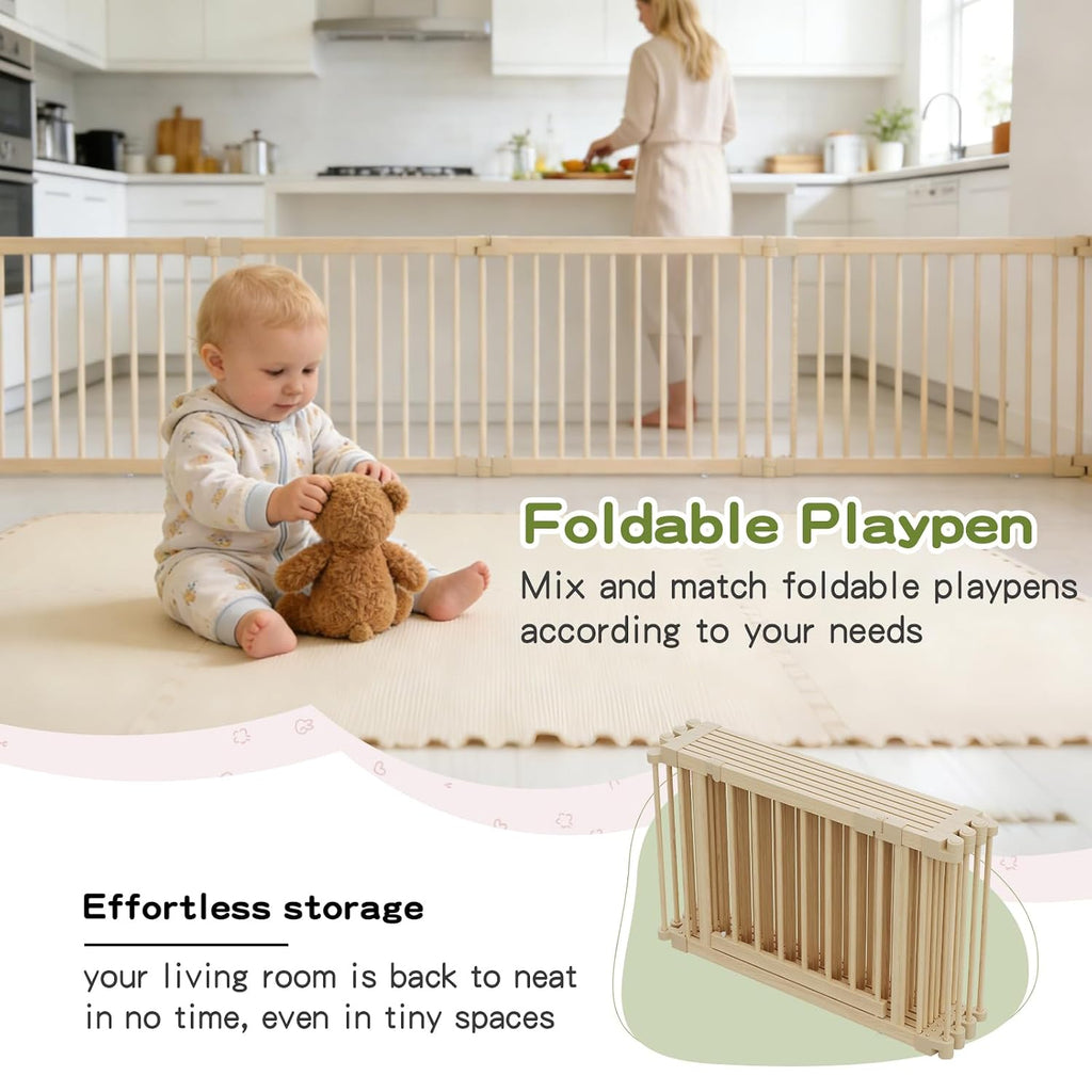 64x64in Foldable Wooden Baby Playpen with Gate, Child Safety Lock, CPC Certified Indoor Play Yard with Suction Cups