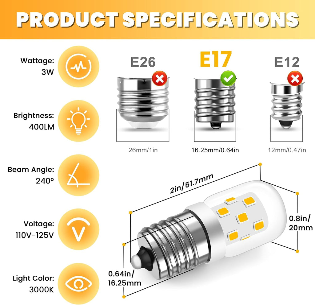 E17 Microwave Light Bulb Under Hood, 3W 125V LED Appliance Bulb
