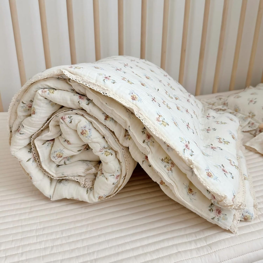 Kids Blanket Cotton Toddler Quilt Muslin Blankets, Reversible Floral Baby Blanket for Girls Boys Crib Comforter Baby
