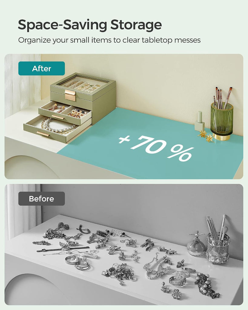 Jewelry Box Organizer, 3-Layer Storage with 2 Drawers, Glass Lid