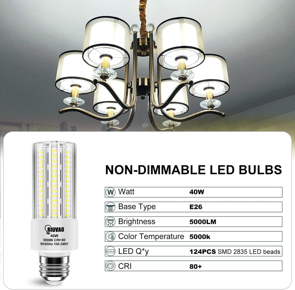 2 Pack 300W Equivalent LED Corn Light Bulb, 5000 Lumen 5000K Cool White Daylight 40W LED Corn Light,E26/E27 Medium