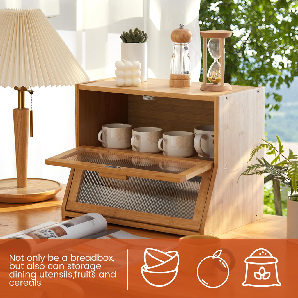 Double Layer Bamboo Counter,Large Capacity Bread Storage Bin,Bread Container with Acrylic Wavy Door Panel (Natural