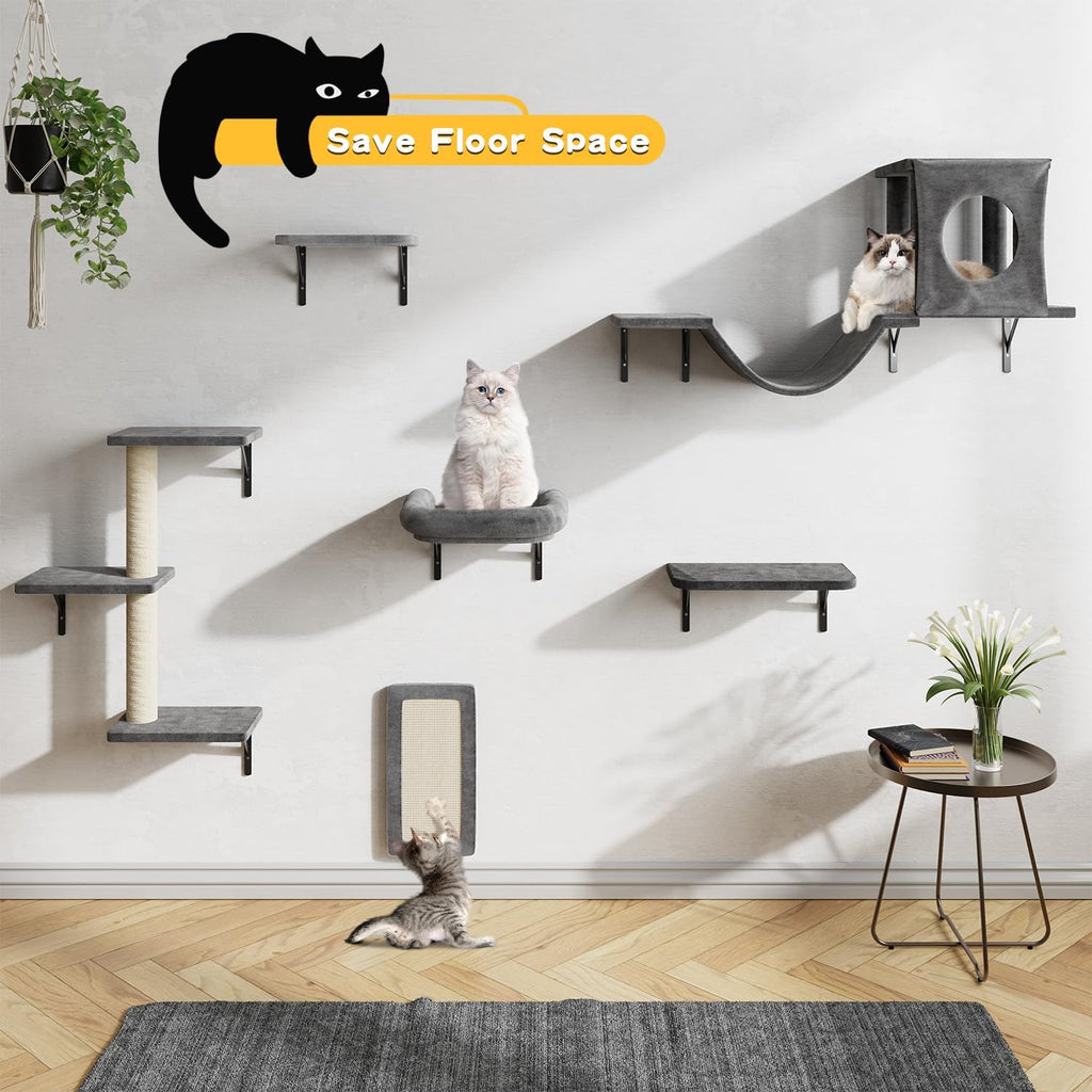 Cat Wall Shelves, 6 Pcs Luxury Wall-Mounted Cat Climber Set, Dark Gray