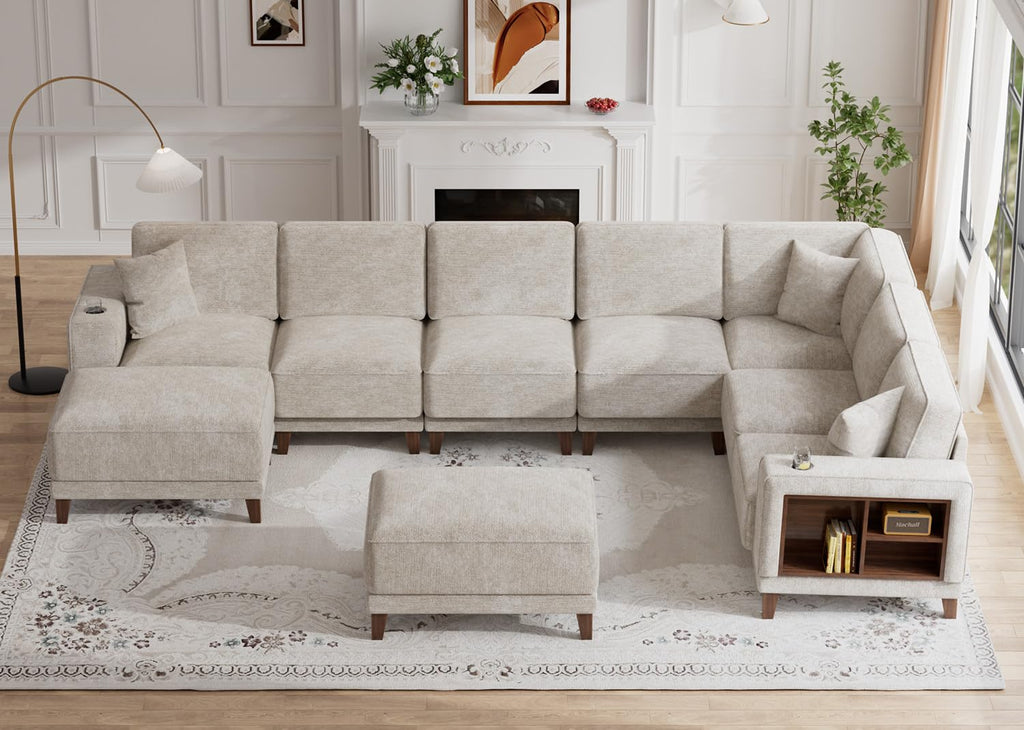 Oversized Modular Sectional Sofa, 9-Seat Deep Seat Sofa with Ottoman, USB Ports, Hidden Cup Holders, Side Storage
