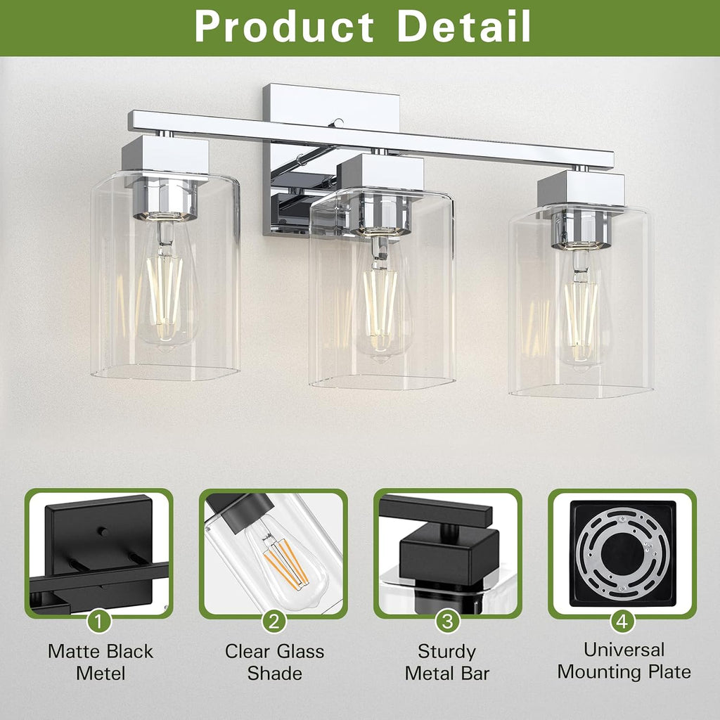 Chrome Bathroom Vanity Light - 3 Light Bathroom Light Fixture Square Design & UL Certification, Bath Room Lighting