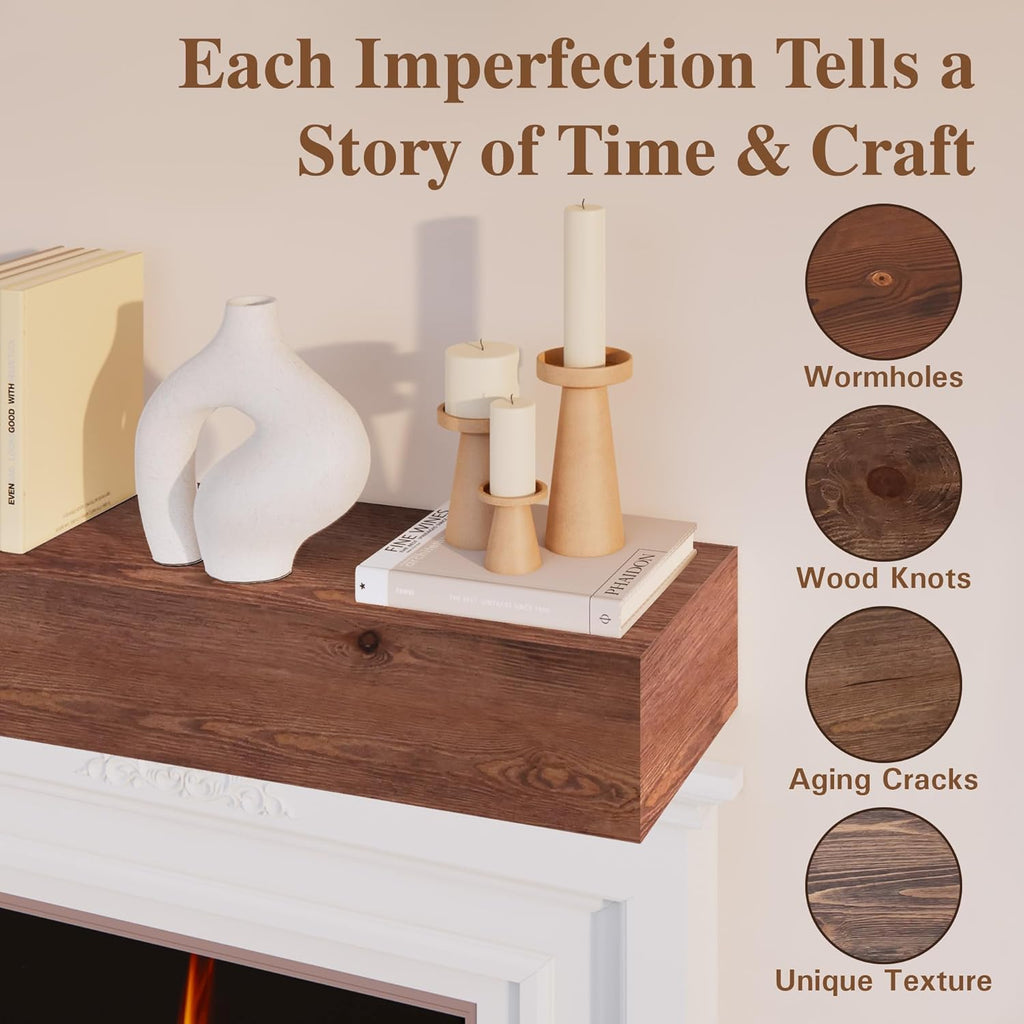 72 Inch Handcrafted Wood Mantles for Over Fireplace, Wall Mounted Shelf, Floating Mantel Shelf for Living Room Decor