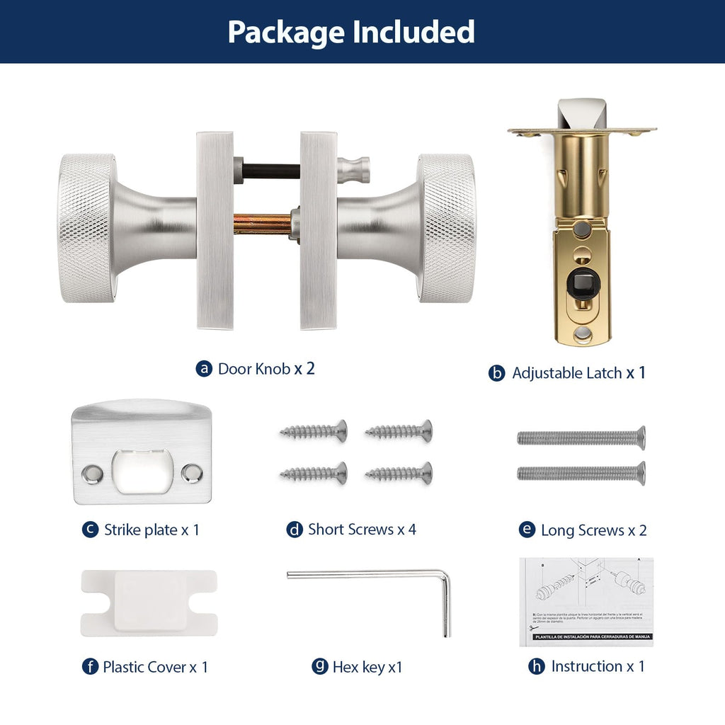 Brushed Nickel Privacy Door Knobs Interior, Zinc Alloy Keyless Stain Nickle Door Knobs with Lock , Knurled Heavy Duty
