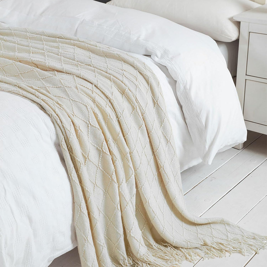 Beige Throw Blanket 50x60 Inches Throw Textured Solid Soft Sofa Couch Decorative Knit Blanket
