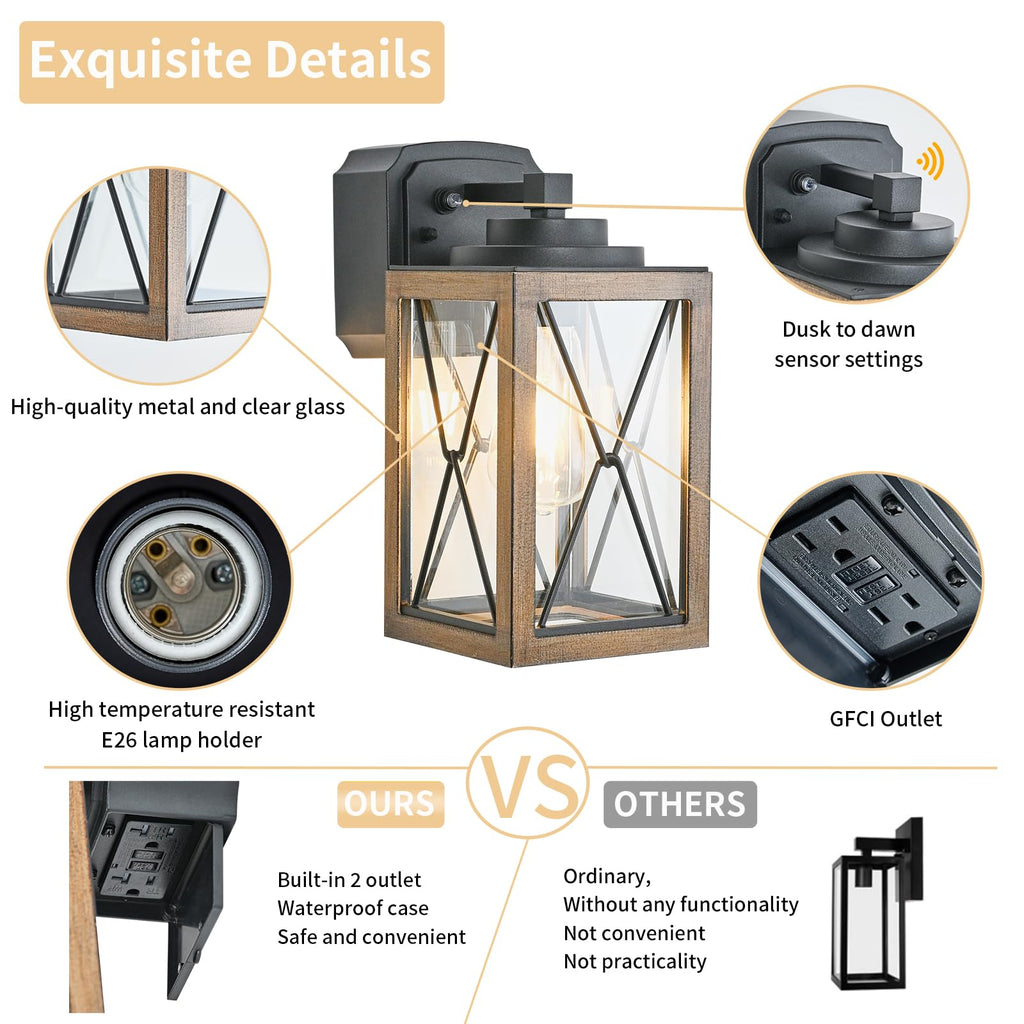 Dusk to Dawn Outdoor Porch Light with GFCI Outlet, 3 Lighting Modes Anti-Rust Waterproof Industrial Outdoor