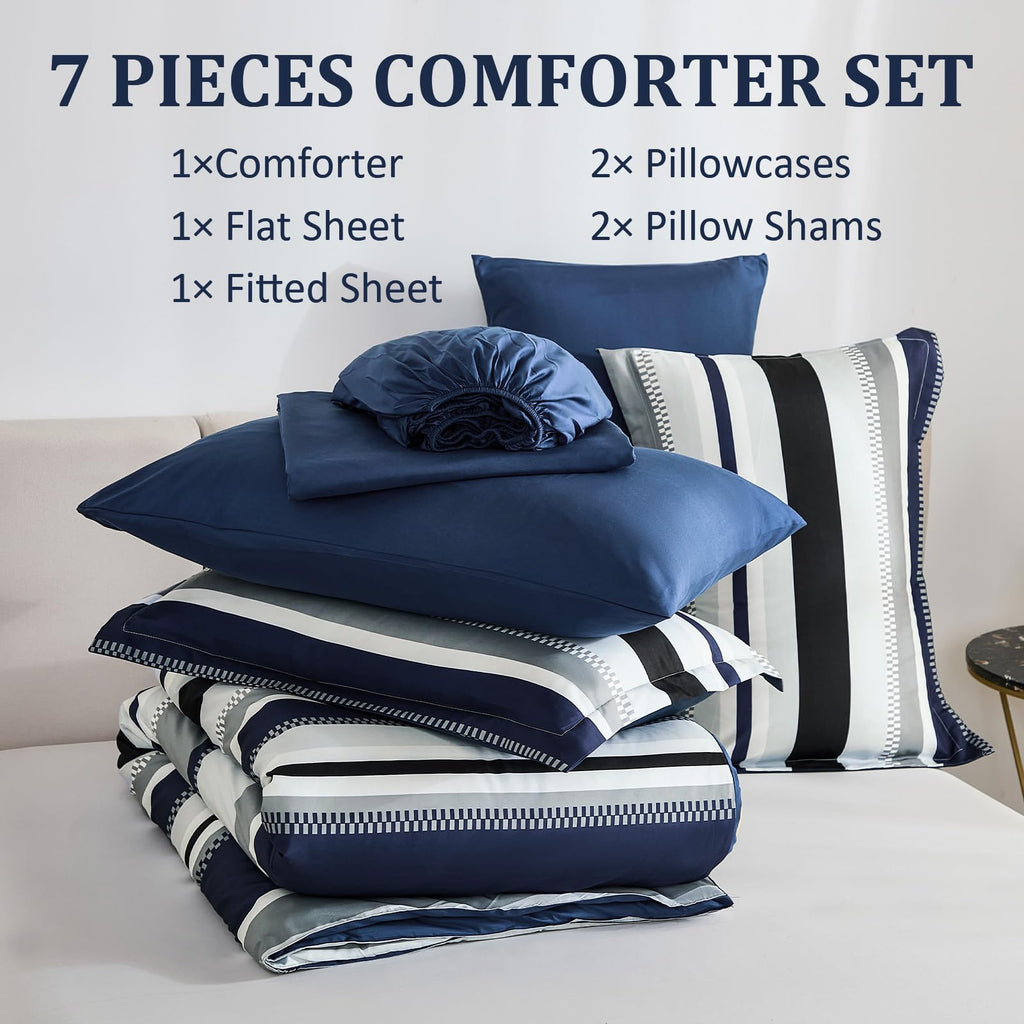 Comforter, Navy Blue Bedding Comforter Set for Bed, Striped Bed in a Bag Comforter Sets for